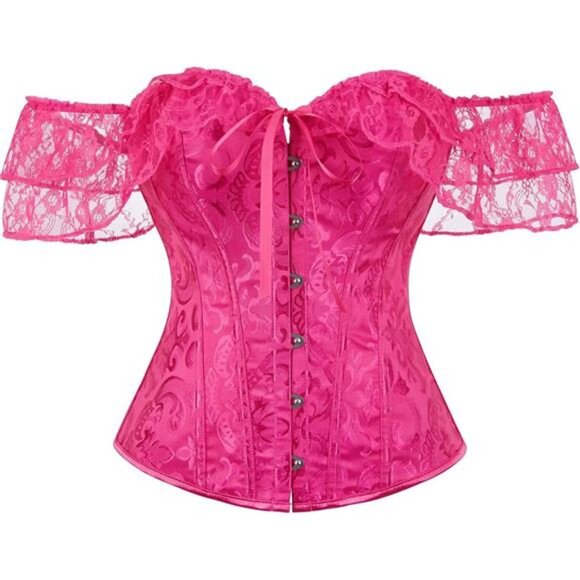 Women Corset Top with Lace Sleeve Deep Pink - Picture 1 of 7